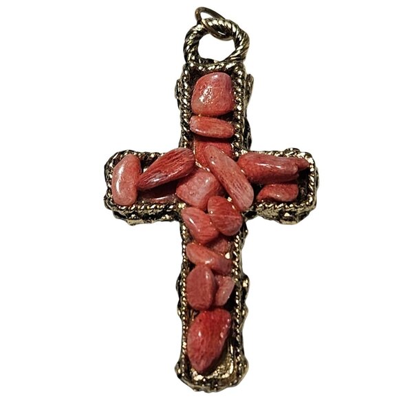 Elegant Coral Stone Cross Pendant Ornate Gold Tone Metalwork Religious Spiritual - Picture 1 of 4